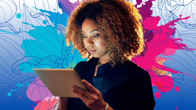 Woman working on a tablet in a creative work environment