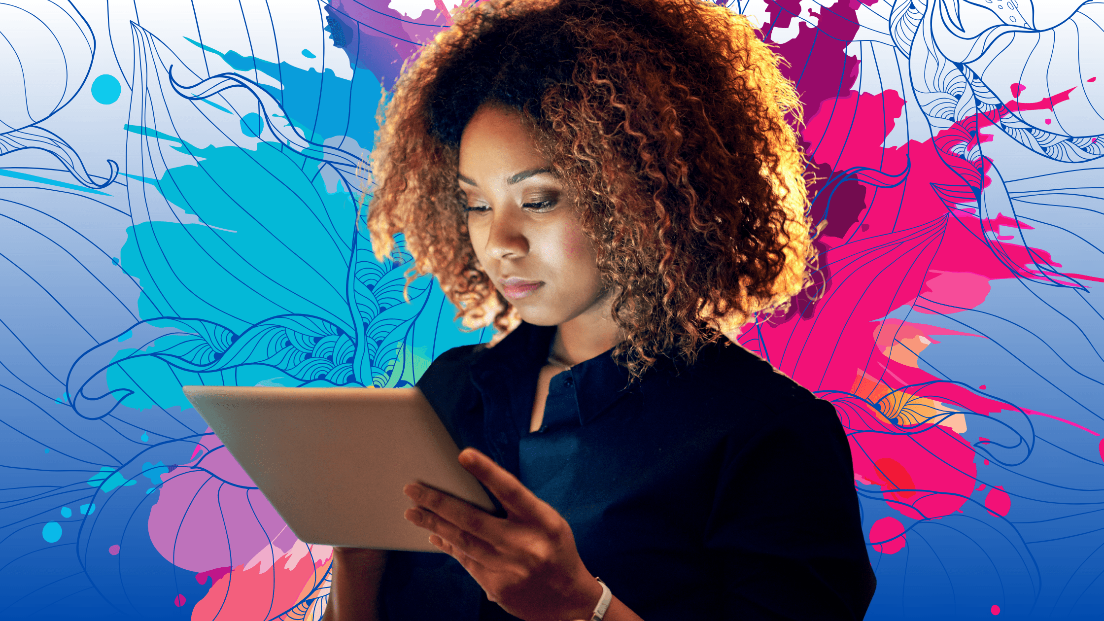 Woman working on a tablet in a creative work environment